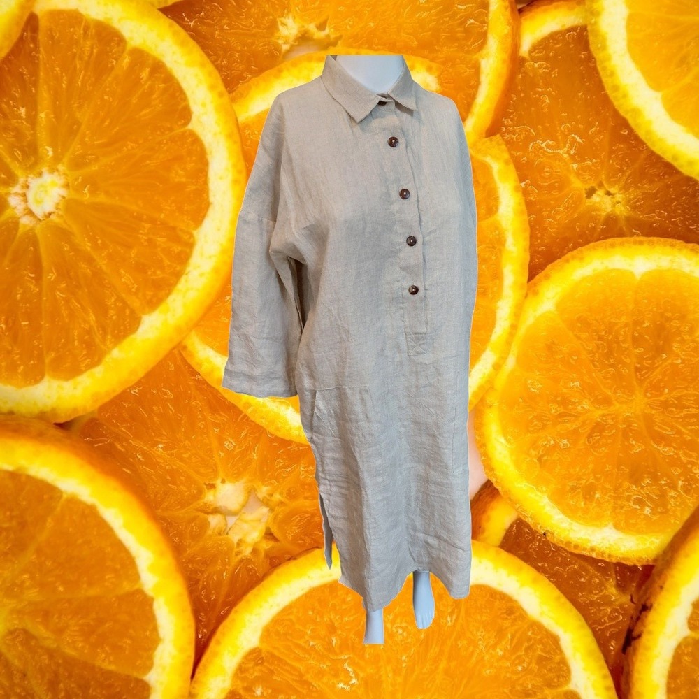 Vikolino 100% European Washed Linen Tunic Shirt Dress‎ Oatmeal S Pockets Slits